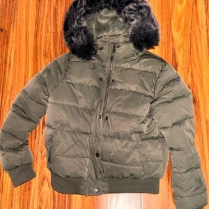 Women's Olive Puffer Jacket with Faux Fur Hood